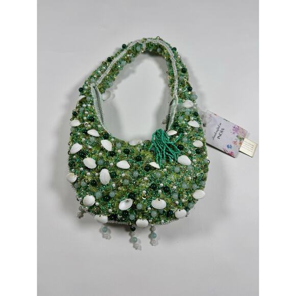 Handcrafted In India Beaded Bag Viral Green with shells Beach Time Vacation NWT - Picture 1 of 6